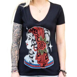 Gypsy Love Women's Tattoo Art Black V-neck Tee S-M-L-XL-2XL NWT